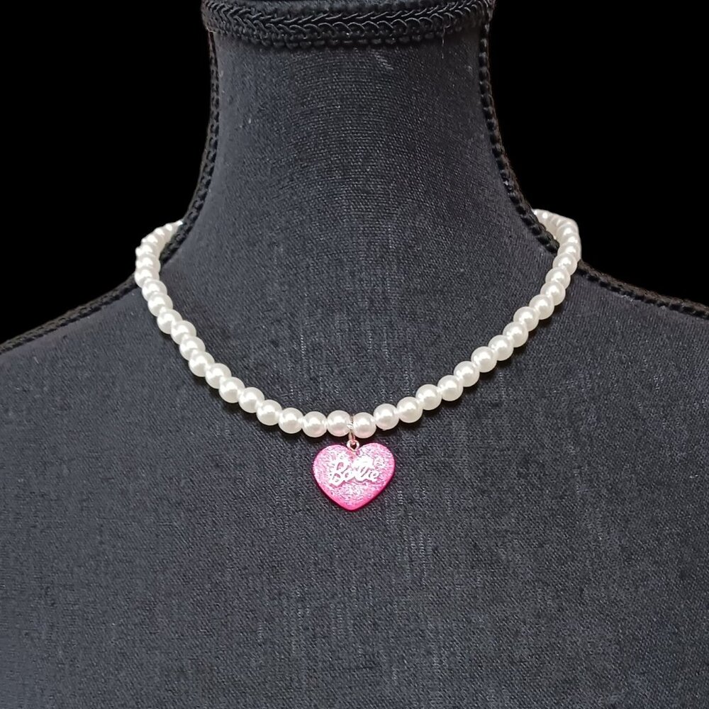 Barbie Faux Pearl Puffed Glitter Heart Princess Choker Necklace